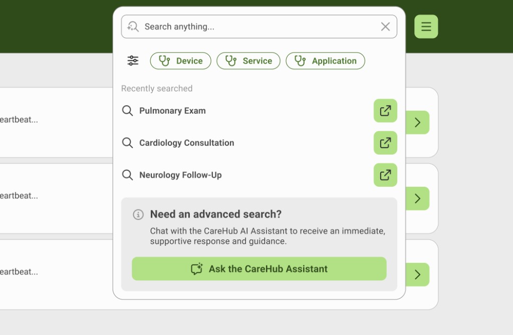 CareHub AI-powered search with assistant entry point