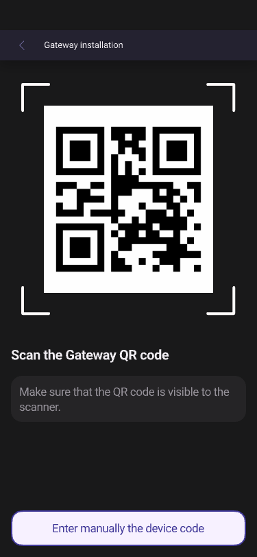GasGarda gateway QR code scanning during installation